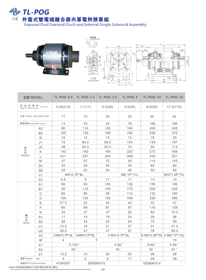 外露式雙電磁離合器單剎車組規(guī)格型號(hào)尺寸參數(shù)表